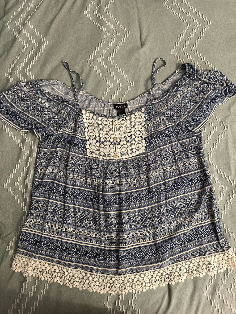 Rue21 Navy and White Printed Lace-Yoke Peasant Top